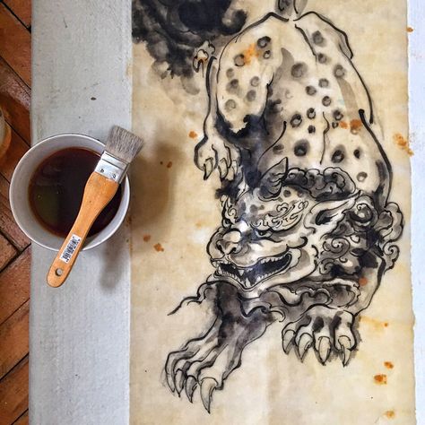 #Drawing process: original ink painting of Chinese Unicorn (#PiXiu) on Xuan (rice) paper and Puehr Tea "aging" toning - #ruleink Rudina Valeria Pixiu Chinese Drawing, Pixiu Chinese Tattoo, Pixiu Chinese, Chinese Sleeve, Chinese Unicorn, Chinese Drawing, Fu Dog, Chinese Tattoo, Perfect Tattoo