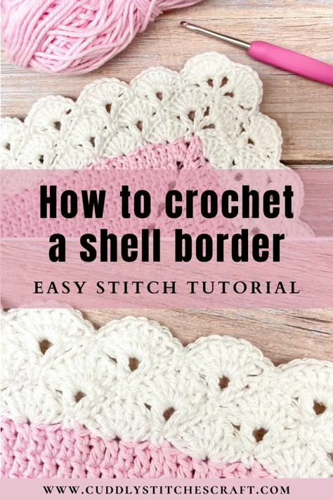 This easy stitch tutorial will show you step by step how to crochet a shell border that looks absolutely stunning, especially on a baby blanket. This crochet shell stitch might look a bit difficult at a first glance but it’s actually quite easy once you break it down round by round. It's even suitable for crochet beginners because you just need to use a few basic stitches. You can easily customise it and have a simpler or wider shell edging border. #crochet #crochetprojects #crochetpattern Scallop Trim Crochet, Crocheting A Border On A Blanket, Crochet Shell Borders For Blankets, Blanket Edge Crochet, Crochet Shell Border Scalloped Edge, Baby Blanket Edging Crochet, Scalloped Crochet Border, Borders For Crochet Blankets, Easy Crochet Edges