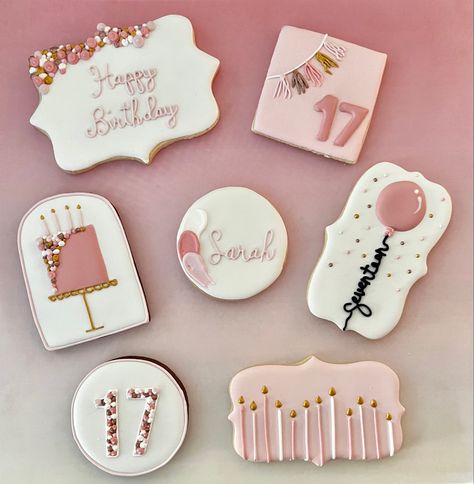 Rose Gold Birthday Cookies Decorated, First Bday Cookies, Simple Birthday Cookies Royal Icing, Pink Royal Icing Cookies, Balloon Arch Cookies Decorated, 22nd Birthday Cookies, Rose Gold Birthday Cookies, 22 Birthday Cookies, Pink Birthday Cookies Decorated