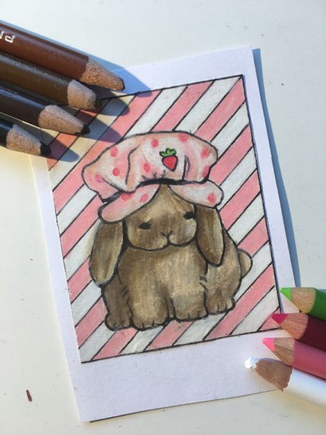 This my first post, hope u guys like it Strawberry Hat Drawing, Bunny With Strawberry, Strawberry Hat, Hat Drawing, Baby Bunny, Baby Bunnies, Cute Bunny, Art Ideas, Chef