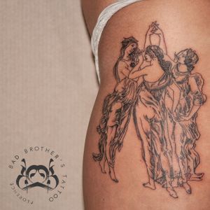 Tattoo uploaded by Bad Brother’s Tattoo Studio • Le tre Grazie - Botticelli • 833291 • Tattoodo Reinassance Tattoo, Cute Tattoo Studio, Botticelli Tattoo, Muses Tattoo, Sappho Tattoo, Bath Tattoo, Classical Art Tattoo, Media Tattoo, Bad Brother