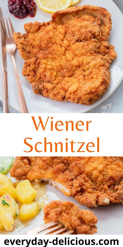 Wiener Schnitzel is a crispy breaded veal cutlet. Learn with this simple recipe how to make an authentic Wiener Schnitzel that is perfectly crispy and tender. Shnitzle Recipe Beef, Weinersnitchel Recipe, How To Make Schnitzel, Veal Cutlet Recipes, Veal Schnitzel, Schnitzel Recipe, German Dishes, Schnitzel Recipes, Veal Cutlet