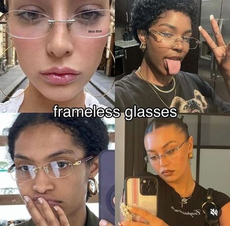 Comment and follow for more glass frames for women Aesthetic Glasses Frames For Round Face, Frameless Glasses Women, Glasses For Round Faces Woman, Frameless Glasses, Types Of Glasses Frames, Glasses Frames For Women Round Face, Different Types Of Glasses, Glasses Inspiration, Types Of Glasses