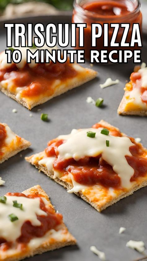 Triscuit pizza is a cheesy, tasty bite-size snack with a big crunch! Perfect for lunch, these mini pizzas are easy to make and big on flavor! Triscuit Recipes Snacks, Triscuit Pizza, Pizza Appetizers Easy, Triscuit Appetizers, Pizza Bites Appetizer, Triscuit Recipes, Mini Pizza Bites, Pizza Appetizers, Bite Size Snacks