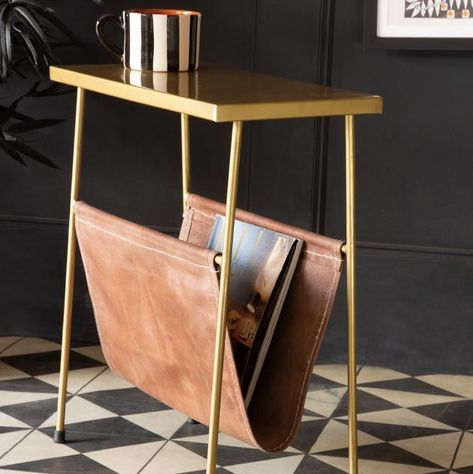 Gatsby Side Table with Leather Magazine Holder Slim Side Table, Leather Magazine Rack, Gold Side Table, Magazine Racks, Executive Room, Stylish Side Table, Quirky Home, Nest Of Tables, Wood Magazine