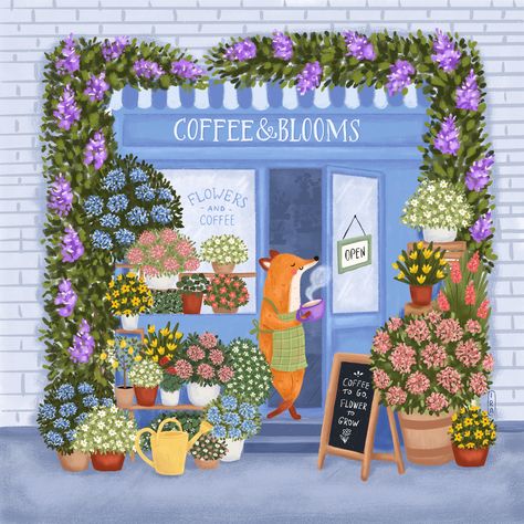 Flower shop illustration Cute Shop Illustration, Flower Shop Art, Cute Flower Shop, Cafe Shop Illustration, Coffee Flower Shop, Shopping Illustration, Coffee Shop Art, Flowers Shop, Flower Shop Aesthetic Drawing