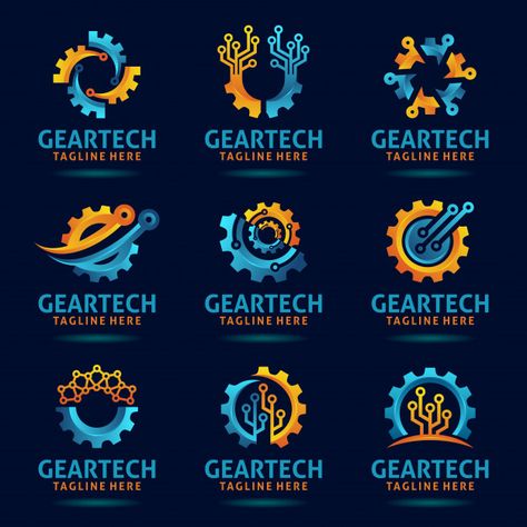 Collection of gear tech logo design Prem... | Premium Vector #Freepik #vector #logo #business #design #technology Tech Logo Design, Electronics Logo Design, Tech Tattoo, Mechanics Logo, Connect Logo, Dress Your Tech, Electronics Logo, Gear Logo, Inspiration Logo Design