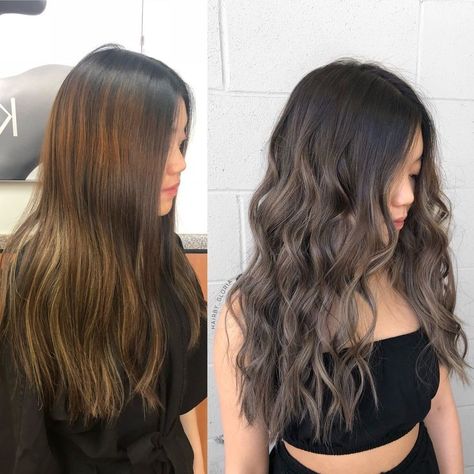 Ash Brown Before And After, Dark Ash Tone Hair, Ashy Bronde Balayage Black Hair, Brassy Hair Transformation, Balayage For Dark Brown Hair Cool Tone, Brassy To Ashy Brown, Brown Silver Balayage, Ashy Brown Balayage On Black Hair, Brown Brassy Hair