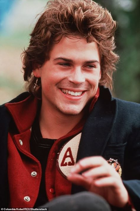 Lowe, pictured in 1984's Brat Pack movie St. Elmo's Fire, sticks to a strict diet and fitness regimen, embraces an outdoor lifestyle and takes great care of himself and his appearance Robe Lowe, Rob Lowe 80s, Rob Lowes, St Elmos Fire, Brat Pack, Rob Lowe, Parks And Rec, Famous Stars, Hottest Guy Ever