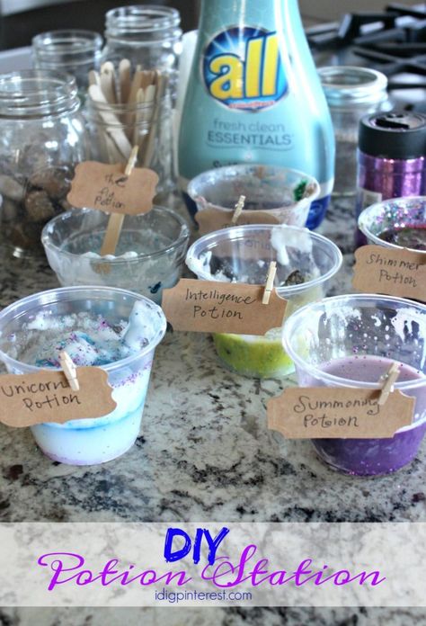 Magic Potion Station. Let the kids have fun mixing and stirring common ingredients from around the house to make their own magic potion in this memorable, exciting activity! #allessentials #allsulfatefree #ad Kids Potion Recipes, Potion Making For Kids, Kids Potion Station, Potion Activity For Kids, Magic Potions For Kids, Fairy Potions For Kids, Diy Potion Kit For Kids, Potion Mixing For Kids, Potions For Kids