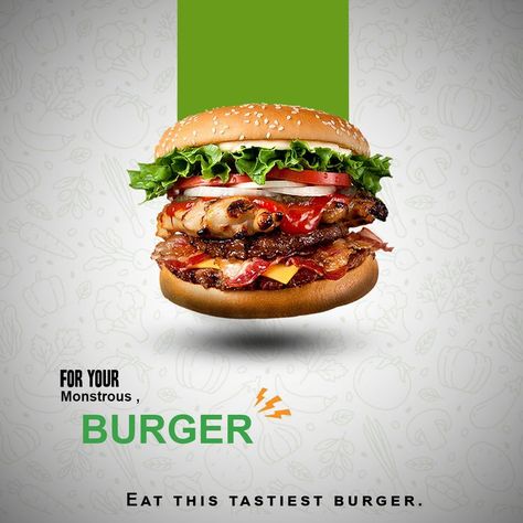 Burger Posters Design, Burger Creative Poster, Food Design Poster Creative Advertising, Burger Creative Post, Burger Design Ideas Graphics, Burger Poster Design Ideas, Burger Design Poster, Burger Poster Design Graphics, Burger Ads Creative