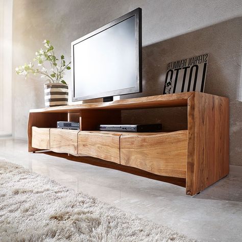 Bring a touch of natural elegance to your home with the stunning TV Stand Olympus Live-Edge 🌿✨ Crafted from durable acacia wood, its unique imperfections and gracefully curved edges showcase the beauty of natural wood grain 🪵 This high-quality piece offers ample storage with three spacious drawers and an open shelf, combining rustic charm with modern functionality. Perfect for creating a cosy, inviting atmosphere 🤩 #HomeDecor #InteriorDesign #LiveEdge #AcaciaWood #TVStand #FurnitureArt #... Floating Tv Stands, Office Design Diy, Wabi Sabi Living, Tv Unit Design Modern Living, Whole Home Audio, Furniture Design Table, Walnut Tv Stand, Home Office For Men, Floating Tv Unit