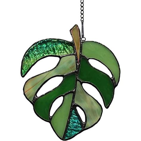 Stained Glass Monstera, Stained Glass Window Hangings, Variegated Monstera, Window Stained, Fake Plants Decor, Leaf Ornament, Stained Glass Window Hanging, Stained Glass Suncatchers, Monstera Plant