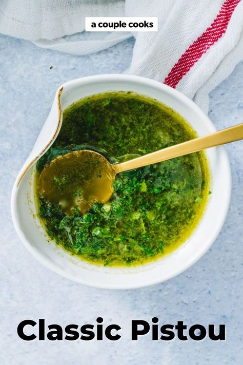 The classic French pistou is an olive oil and basil sauce that's like a pesto without pine nuts! It adds a burst of freshness to any dish. #pistou #pistourecipe #pestowithoutnuts #pestowithoutpinenuts #dairyfreepesto #nutfreepesto Pistou Recipe, Nut Free Pesto, Dairy Free Pesto, Best Fish Recipes, Winter Salad Recipes, A Couple Cooks, Boiled Vegetables, Basil Recipes, Basil Sauce