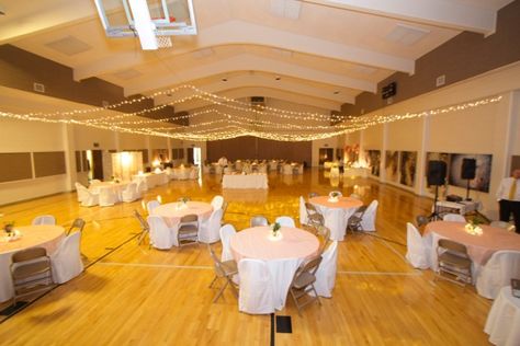 LDS church gym wedding reception Church Gym Wedding Reception, Gym Wedding Reception, Lds Wedding Reception, Gym Reception, Wedding Reception Checklist, Lds Weddings Reception, Ceremony Decorations Church, Dance Decor, Future Board