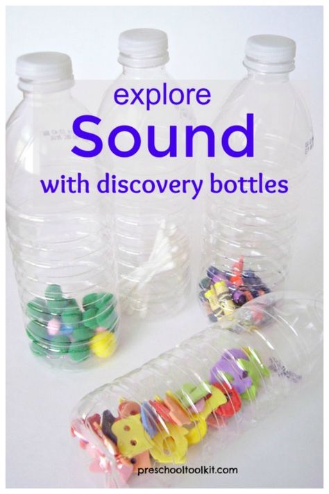 Discovery bottles are easy to make with recycled water bottles. Explore sound with preschoolers in this simple activity using homemade shakers. #sensoryactivities #preksensory Hearing Sensory Activities, Sound Sensory Activities, Hearing Activities For Toddlers, Magnolia Crafts, Sensory Objects, 5 Senses Craft, Aesthetic Classroom, Body Preschool, Discovery Bottles