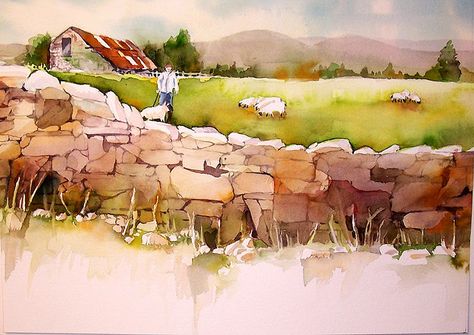 Watercolour Stones, Stone Wall Drawing, Stone Wall Illustration, Watercolor Stone Wall, Watercolor Pebbles Stones, Stone Watercolor, Practice Watercolor, Watercolor Scenes, Caravan Holiday