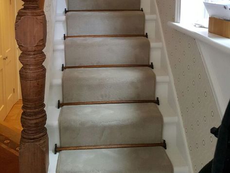 Client: Private Residence In North London Brief: To supply & install carpet with stair rods to stairs Installing Carpet On Stairs, Best Carpet For Stairs, Carpet On Stairs, Stairs Landing Carpet, Home Depot Flooring, Install Carpet, Hardwood Stairs, Stair Rods, Diy Carpet Cleaner