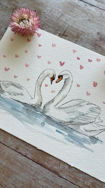 Danielle Hooi on Instagram Cute Illustration Watercolor, Love Swans Drawing, Cute Paintings Watercolor, How To Draw Swan, Watercolor Love Paintings, Creative Watercolor Paintings Ideas, Wedding Anniversary Drawing, Cute Little Things To Draw, Animal Couple Drawing