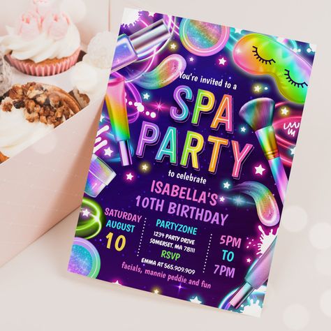 Glam Makeup Birthday, Glitz And Glam Makeup, Glow Birthday Party Invitations, Makeup Birthday Party, Makeup Neon, Spa Party Invitations, Birthday Party Themes For Kids, Makeup Birthday, Party Themes For Kids