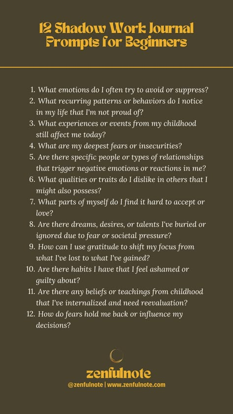 Shadow work is a deeply personal journey, so take your time and approach it with self-compassion and patience. It might be challenging at times, but facing and integrating these aspects of yourself can lead to profound personal growth and healing. Shadow Work Beginners, Shadow Work Prompts For Beginners, Journal Prompts For Beginners, Work Journal Prompts, Shadow Work Journal Prompts, Suppressed Emotions, Shadow Work Spiritual, Growth And Healing, Shadow Work Journal