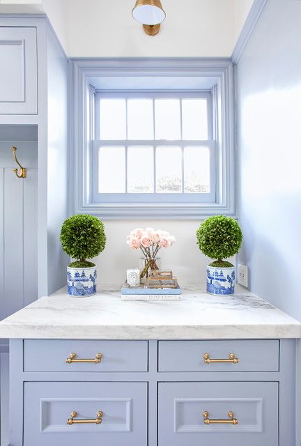 Caitlin Wilson Design Laundry Room Remodel - Contemporary - Dallas - by Katie Nixon Photography | Houzz Coastal Industrial Decor, Boho Vintage Decor, Caitlin Wilson Design, Small Mudroom, Blue Laundry Rooms, Mudroom Cabinets, Coastal Industrial, White Tile Floor, The Enchanted Home