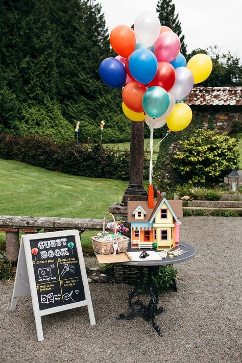 Emily wore a Needle & Thread dress for her colourful, balloon and glitter filled wedding at Coombe Trenchard. Images by Freckle Photography. Disney Basement, Glitter Wedding Theme, Disney Up Wedding, Wedding Guest Table Decor, Wedding Guest Table, Disney Wedding Theme, Up Theme, Disney Up, Anniversary Ideas