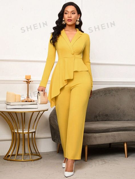 SHEIN Lady Lapel Collar Asymmetrical Peplum Waist Shirt Jumpsuit | SHEIN USA Shirt Jumpsuit, Class Reunion, Lapel Collar, Long Sleeve Knit, Women Clothing, Knitted Fabric, Jumpsuit, Fashion Outfits, Collar