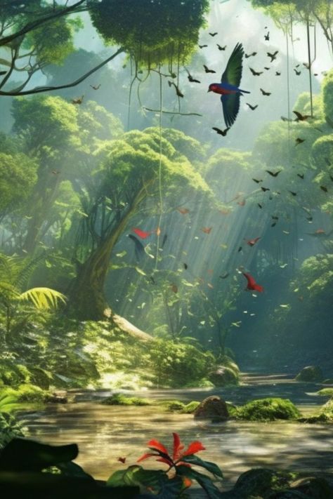 Rainforest Canopy, Rainforest Birds, Rainforest Trees, Peaceful Nature, Tree Canopy, Fantasy Places, Wings Of Fire, Tropical Rainforest, Exotic Birds