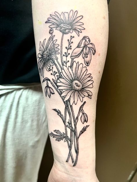 Snow drops, daisies, floral tattoo, forearm tattoo Snow Drop And Daisy Tattoo, Daisies Tattoo, Aster Flower Tattoos, Snow Drop, Aster Flower, Snow Drops, Daisy Tattoo, Flower Tattoo, Tatting