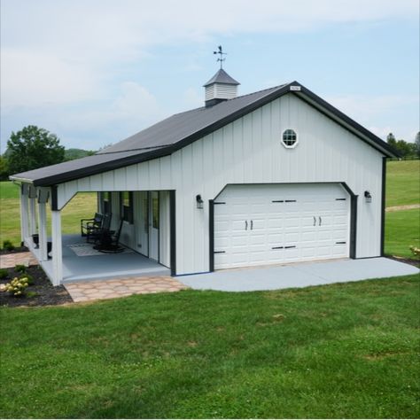 This 24' x 30' Pole Barn Garage is our most popular project. This garage makes a perfect addition to any country lot. The post frame design ensures a long-lasting addition to your estate and our steel panels ensure lifelong beauty with minimal maintenance.

Whether it is used for storage or insulated for a workshop, she-shed or man-cave, this backyard garage is sure to please any homeowner. 

Click on the link to see the current price. Metal Pole Barns, Hobby Garage, Metal Garage Buildings, Farm Management, Buy Dirt, Metal Shop Building, Pole Barn Garage, Shed With Porch, Backyard Garage