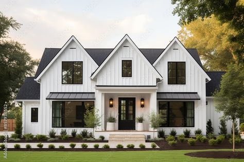 Black Windows White Siding, White House Black Trim Interior, House Design Black And White, Black Framed Windows Exterior, Homes With Black Windows Exterior, White Siding With Stone, Nordic House Design Exterior, White Siding Black Windows, Black And White Farmhouse Exterior