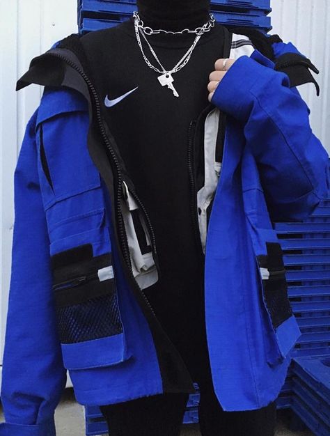 Cybercore Men, Blue Outfit Ideas Men, Womens Streetwear Outfits, Blue Men Outfit, Blue Black Outfit, Blue And Black Outfit, Street Wear Jacket, Womens Streetwear, Streetwear Summer