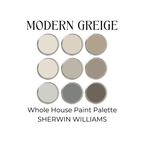 This is a Sherwin Williams Greige Color Palette for your whole house. Featuring coordinating warm neutral paint colors in the gray and beige (greige), and taupe range. DETAILS ☑️ 9 Sherwin Williams paint colors and profiles: - Coordinating colors - Warm vs Cool - Hue family and undertones This means you'll have all the information you need to make informed decisions and create a cohesive aesthetic throughout your home. ☑️ 3 Whole House Paint Schemes - Ready to use paint schemes - Cabinetry color Sherwin Williams Best Greige Colors, Sherwin Williams Windsor Greige, Griege Paint Dining Room, Indoor Wall Paint Colors, Pale Taupe Paint Colors, Grey Beige Color Palette Living Room, Smokey Taupe Sherwin Williams, Sand Dune Sherwin Williams, Wall Colors For Dark Rooms