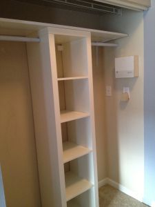 Ikea hack Closet Makeover. Would be great for our hall closet - move shelves to one side, include bins for gloves, hats, dog leashes, etc. Ikea Closet Hack, Ikea Closet Organizer, Coat Closet Organization, Nursery Closet Organization, Entryway Closet, Ikea Closet, Closet Hacks, Simple Closet, Ikea Hack Ideas