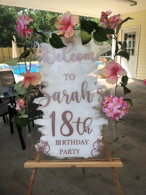 DIY BIRTHDAY PARTY DECORATIONS: ACRYLIC SIGNS Sign In Table For Birthday Party, Plexiglass Birthday Sign, Sweet 16 Acrylic Sign, Sweet 16 Signs Diy, 18th Birthday Sign Ideas, Birthday Party Cricut Projects, Acrylic Party Signs, Diy Acrylic Sign How To Paint, Acrylic Welcome Sign Birthday