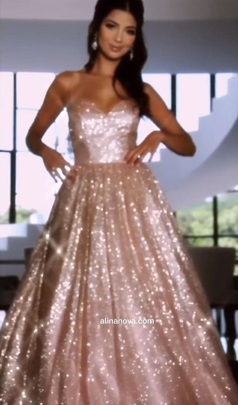 Robe Rose Gold, Pink Gold Prom Dress, Rose Gold Sparkly Prom Dress, Sparkly Pink Prom Dress, Dresses Long Elegant Classy, Rose Gold Prom Dress Long, Prom Pink Dresses, Glitter Gown Sparkle, Pink Glitter Dress Long