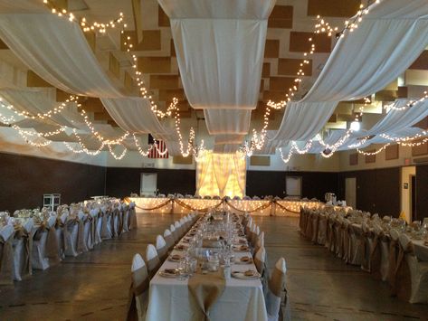 Church Gym Wedding Reception, Gym Wedding Reception, Gym Reception, Wedding Ceiling Decorations, Wedding Ceiling, Ceiling Draping, Ceiling Decorations, Diy Wedding Reception, Church Wedding Decorations