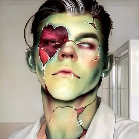 Frankenstein Cosplay Men, Frankenstein Halloween Makeup, Makeup Verde, Frankenstein Makeup, Monster Makeup, Creepy Halloween Makeup, Drag King, Zombie Costume, Zombie Makeup