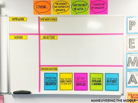 Great ideas and inspiration in this middle school classroom reveal - from decorating to small group areas to hanging posters and anchor charts. | maneuveringthemiddle.com Objectives Board Middle School, Whiteboard Organization Middle School, Middle School Objective Board, Objective Classroom Board, Teacher Objective Board, Posting Classroom Objectives, Math Objective Board, Classroom Layout Ideas Middle School, Classroom Separation Ideas