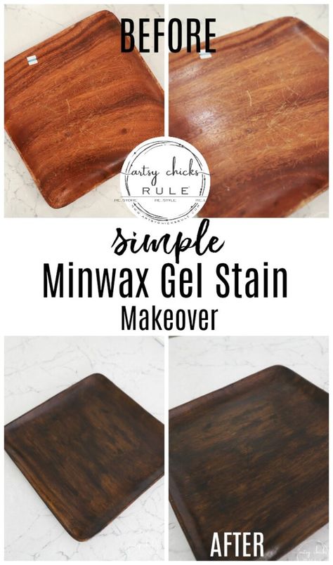 Minwax Gel Stain gave this old wood tray a BRAND new look! SIMPLY!!! artsychicksrule.com #minwaxgelstain #gelstain #woodprojects #thriftstoremakeover White Stained Dresser, Gel Stain Furniture, Minwax Gel Stain, Stained Dresser, Painted Kitchen Tables, Repurposed Decor, Thrift Store Makeover, Laminate Furniture, Wood Platter