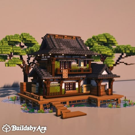 Ara (@buildsbyara_) • Instagram photos and videos Minecraft House Aesthetic Ideas, Ghibli Minecraft House, Chinese Style Minecraft Builds, Mining House Minecraft, Minecraft Houses Stone, Mountain Builds Minecraft, Japanese House Minecraft Ideas, Small Mc House, Garden Minecraft Design