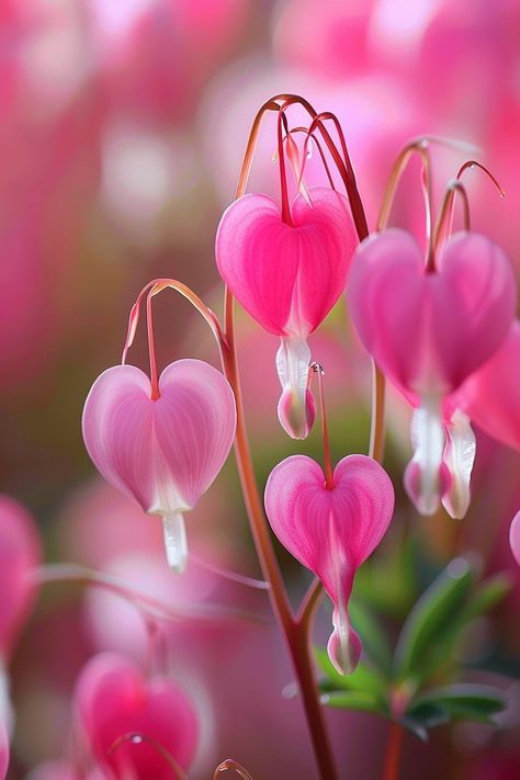 The Bleeding Heart plant is known for its heart-shaped pink and white flowers, dripping gracefully from arching stems. This enchanting flower symbolizes undying love and compassion.  Light: Partial to full shade. Water: Keep soil moist but well-drained. Soil: Rich, well-drained soil with organic matter. Temperature: 55-75°F (13-24°C). Humidity: Moderate to high. Fertilizer: Balanced fertilizer in the spring.Perfect for woodland gardens and shady borders, adding a touch of romantic charm.  #BleedingHeart #ShadyGarden #flowergarden #gardendesign Flower Of An Hour, Lucy Core, Lamprocapnos Spectabilis, Heart Shaped Flowers, Weird Flowers, Deadly Plants, Heart Plant, Quinceanera Centerpieces, Woodland Gardens