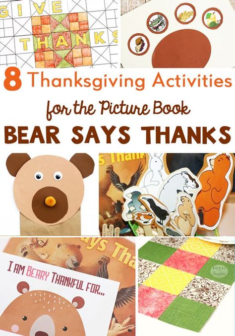 8 Bear Says Thanks activities to do with kids at Thanksgiving. #kidsactivities #thanksgivingforkids #thanksgivingcrafts #thanksgivingcraftsforkids #kidscrafts #craftsforkids #thanksgivingactivities #teach #booksandgiggles Prek Thankful Activities, Thankful Unit Preschool, Teaching Thankfulness Preschool, Thankful Prek Activities, Bear Gives Thanks Activities, Being Thankful Activities For Preschool, Thankfulness Preschool Activities, Preschool Thankfulness Activities, Toddler Thankful Activities