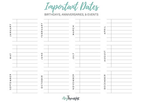 Important Dates Printable - diy Thought Dates To Remember Printable Free, Important Dates Template, Important Dates Printable, Organized Living, Key Dates, Todo List, Family Plan, Planning And Organizing, Digital Planning