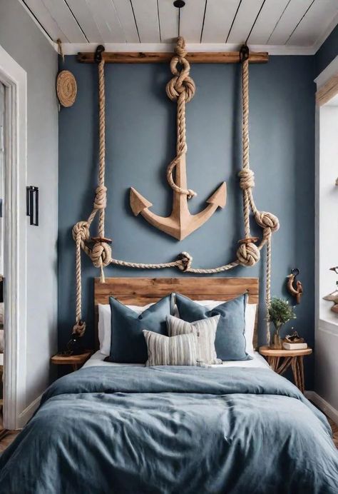 Coastal Rustic Bedroom, Sea Theme Room Decor Ideas, Sea Room Decor, Nautical Bedroom Ideas, Sea Themed Room, Ocean Inspired Bedroom, Greek Bedroom, Nautical Theme Room, Nautical Themed Bedroom