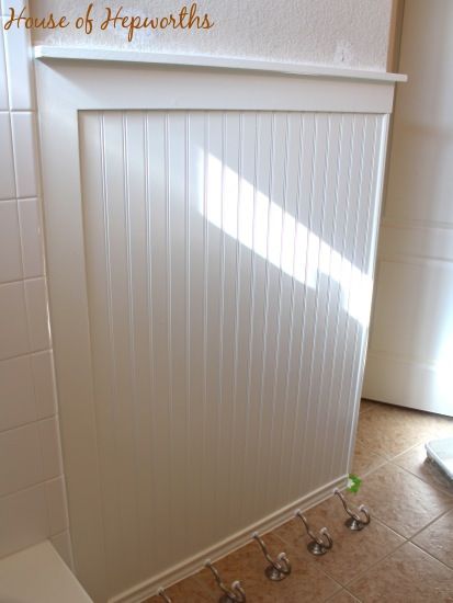 4' bead board panel topped with 1/4x4 flat board and 1x2 shelf. 1/4 x4 flat board next to shower tile for more finished look. Beadboard Trim, Bathroom Wainscoting, Beadboard Bathroom, Black Bathroom Accessories, Bead Board, Upstairs Bathrooms, Bathroom Update, Bathroom Redo, Girls Bathroom