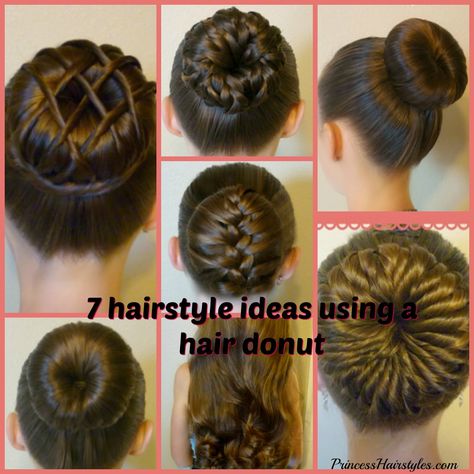 7 cute bun ideas using a hair donut or bun maker. Cute Bun Ideas, Loop Hairstyle, Donut Hairstyle, Gymnastics Hairstyles, Best Braids Hairstyles, Diy Haircuts, Best Prom Hairstyles, Donut Bun Hairstyles, Ballet Hair