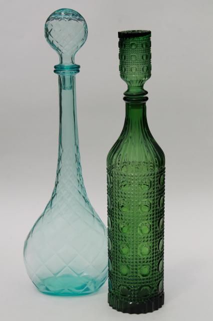 70s vintage colored glass decanters, tall mod genie bottles in blue & green pressed glass Vintage Green Glass Lamp, Vintage Green Glassware, Vintage Decanter Set, Mid Century Glassware, Vintage Decanter, Vintage Green Glass Overstock, Genie Bottle, Green Glass Bottles, Pale Aqua