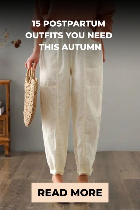 Woman in cozy beige pants holding a straw bag, promoting postpartum autumn outfits with a call-to-action to read more. Postpartum Date Night Outfit, Postpartum Style, Postpartum Outfits, Postpartum Fashion, Mom So Hard, Post Partum Outfits, Postpartum Body, Evening Walk, After Giving Birth